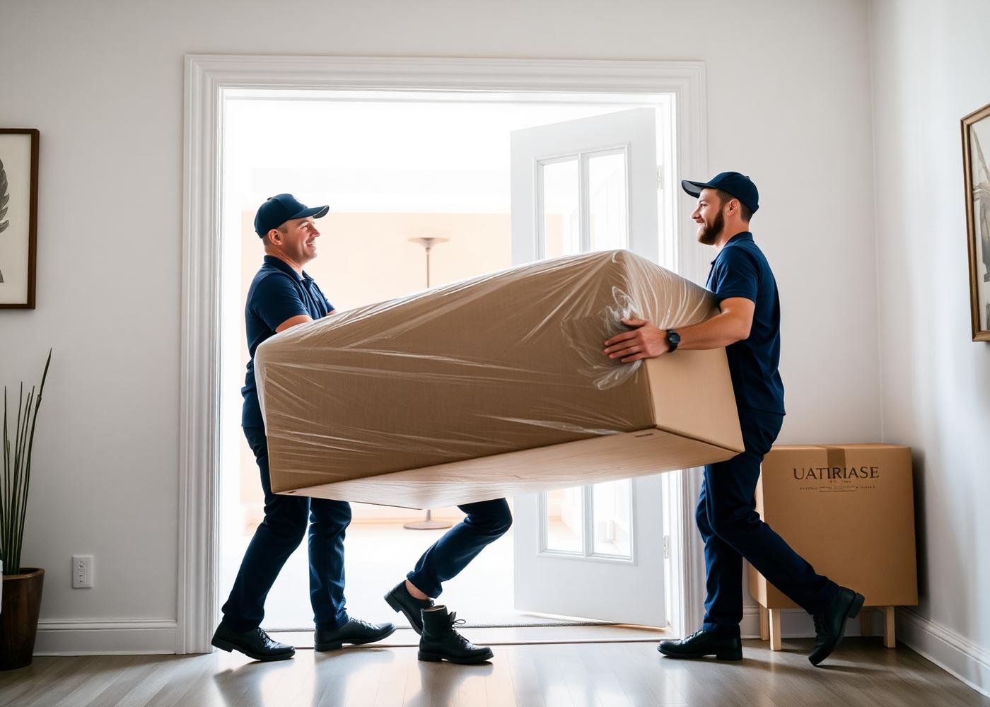 Two uniformed movers carrying a wrapped sofa into a bright Denver home