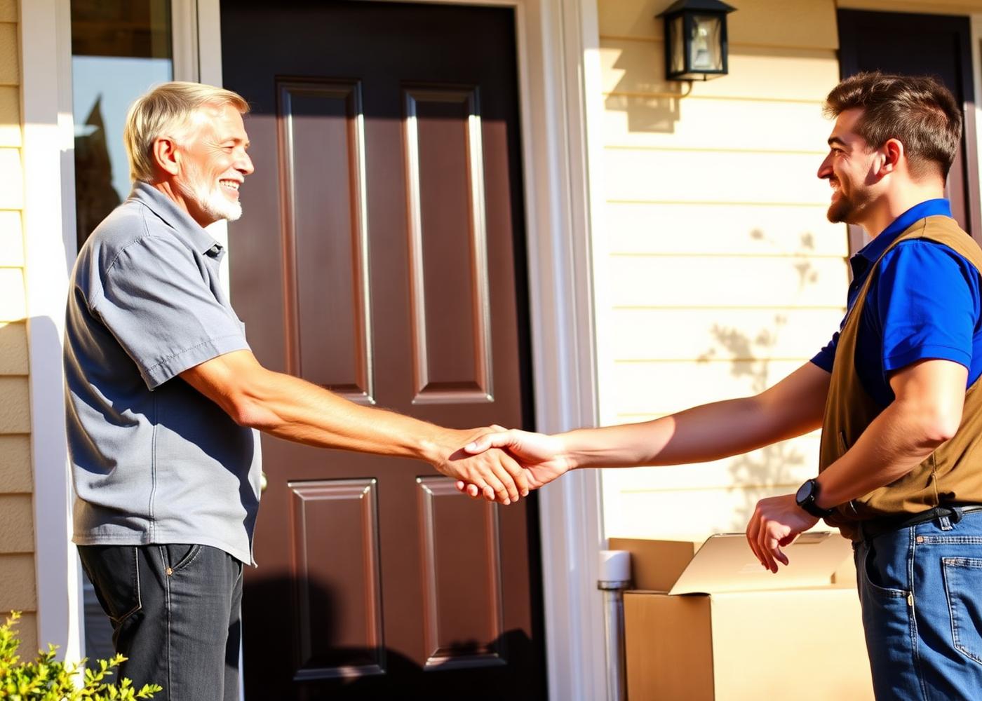 Homeowner shaking hands with a uniformed mover at the front door