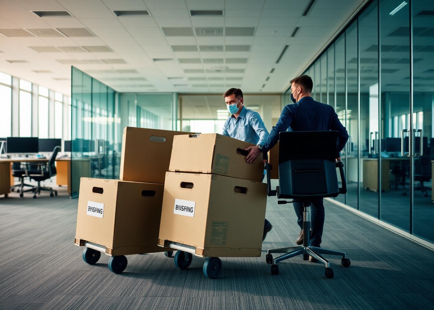 Movers wheeling labeled crates and office chairs through a modern open-plan office
